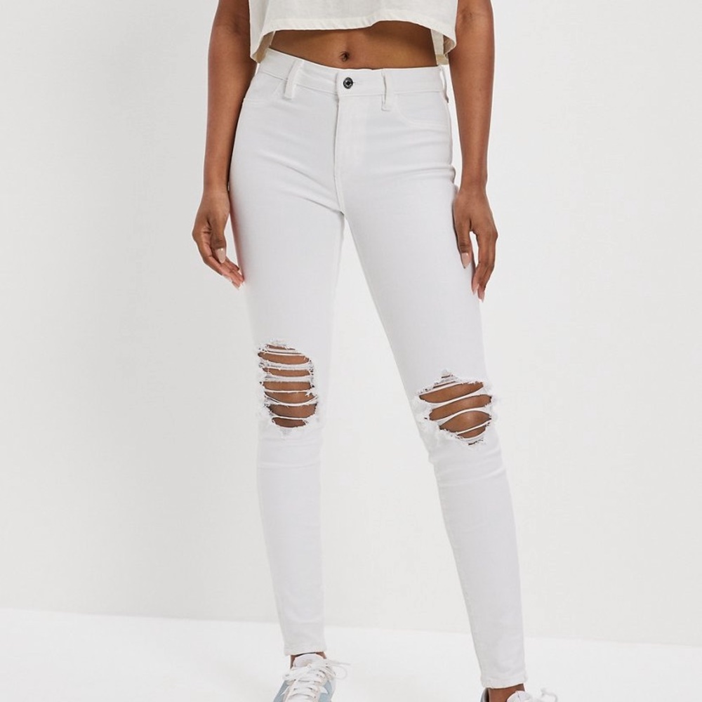 American Eagle Stretch Cropped White Ripped Jeans